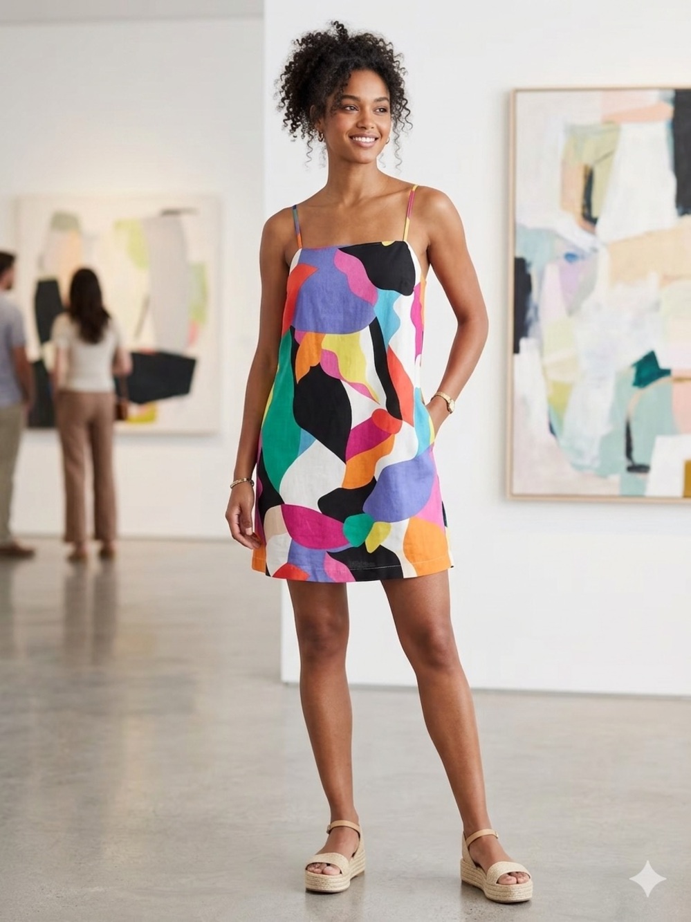A New Day Abstract Colorblock Linen Blend Mini Slip Dress